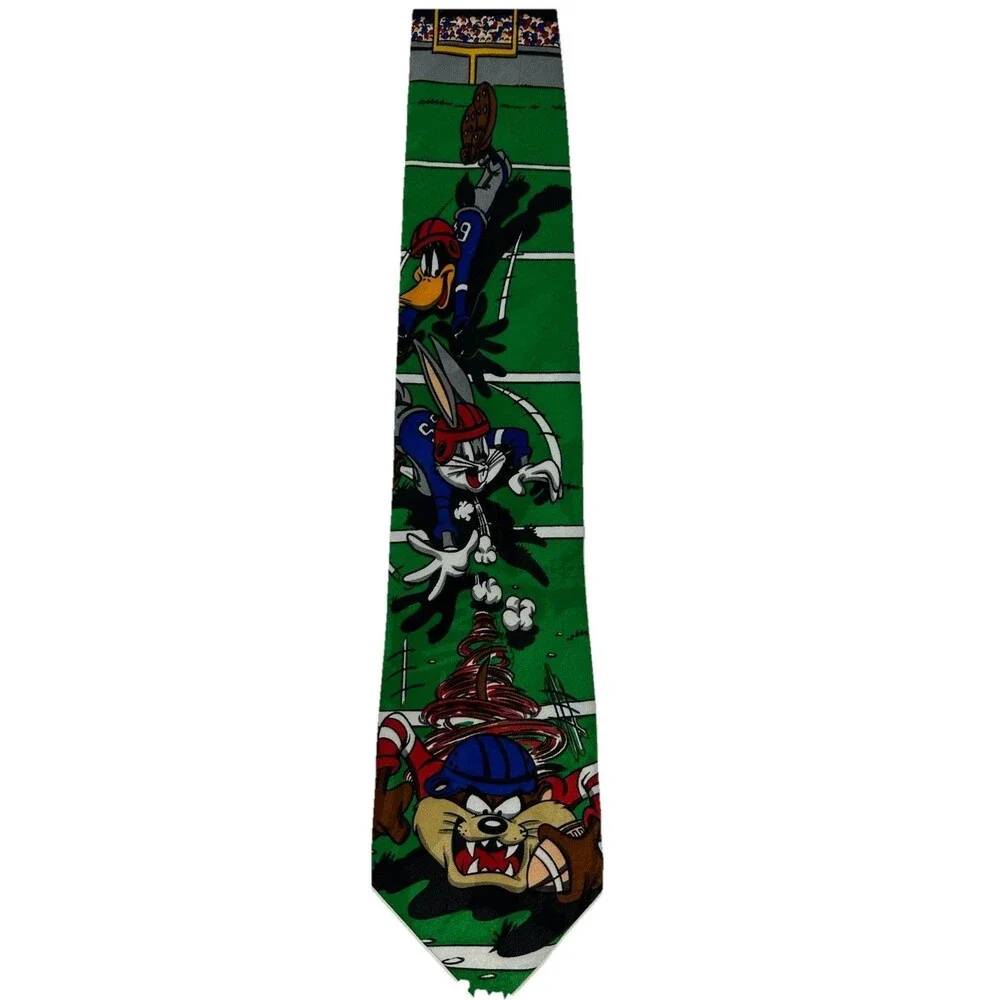 Vintage Looney Tunes Mania Football Tie Taz Bugs Bunny Daffy Duck Green 55.75